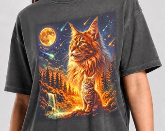 May include: A charcoal gray t-shirt featuring a graphic print of a large orange cat head above a smaller orange cat sitting in a forest landscape with a waterfall, a full moon, and shooting stars in the night sky. The text Pepper Color is printed below.