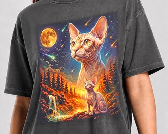 May include: A charcoal gray t-shirt featuring a graphic print of two Sphynx cats in a forest landscape with a waterfall, a large moon, and falling stars in the night sky. The text Pepper Color is printed in white at the bottom of the shirt.