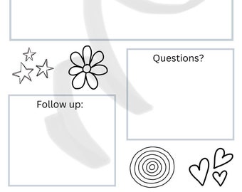 May include: A printable planner page with the word "DATE:" at the top. The page is divided into sections for main points, questions, follow up, and includes decorative drawings of stars, a flower, a target, and hearts.