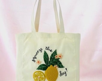 Lemon Embroidery Tote Bag: Handmade Cotton Punch Needle Bag