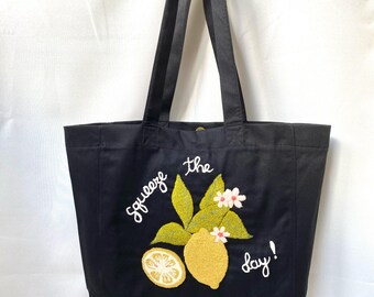 Handmade Punch Needle Lemon Tote Bag: Embroidered Organic Cotton