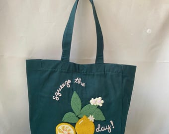Embroidered Lemon Tote Bag: Handmade Organic Cotton Lined Accessory