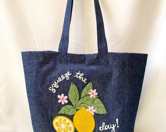 Embroidered Lemon Denim Tote Bag: Handmade Punch Needle Accessory