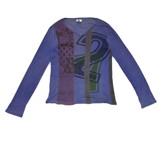 Dries Van Noten, Dries Van Noten Vintage 90s Archive Long Sleeve T-Shirt Size M Purple Graphic Print Cotton Designer Streetwear Made in Belgium