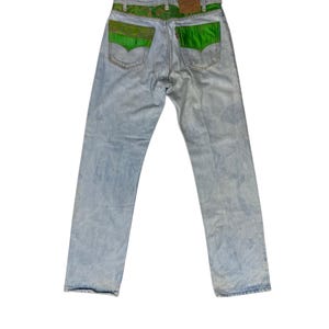 Vintage Levi's 505 Light Wash Denim Jeans W33 L32 Custom Distressed Green Satin Embroidered Patchwork Y2K Streetwear Men Cotto
