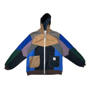 Vintage Carhartt Patchwork Jacket XL 90s Reworked Colorblock Canvas Hooded Workwear Zip