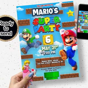 Convite de aniversário do Super Mario, convite para festa de aniversário do Luigi, convite para aniversário de jogos, convite digital para aniversário de menino