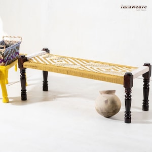 Furnweave Wooden Handwoven Bench | Wooden Sitting Bench | Cotton Rope | Solid Wood | Bench for Living Room | White and Cotton