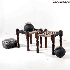 Furnweave Wooden Handwoven Stools | Wooden Seating Stools | Cotton Rope | Solid Wood | Wooden Pidha | Set of Two | Black and Jute