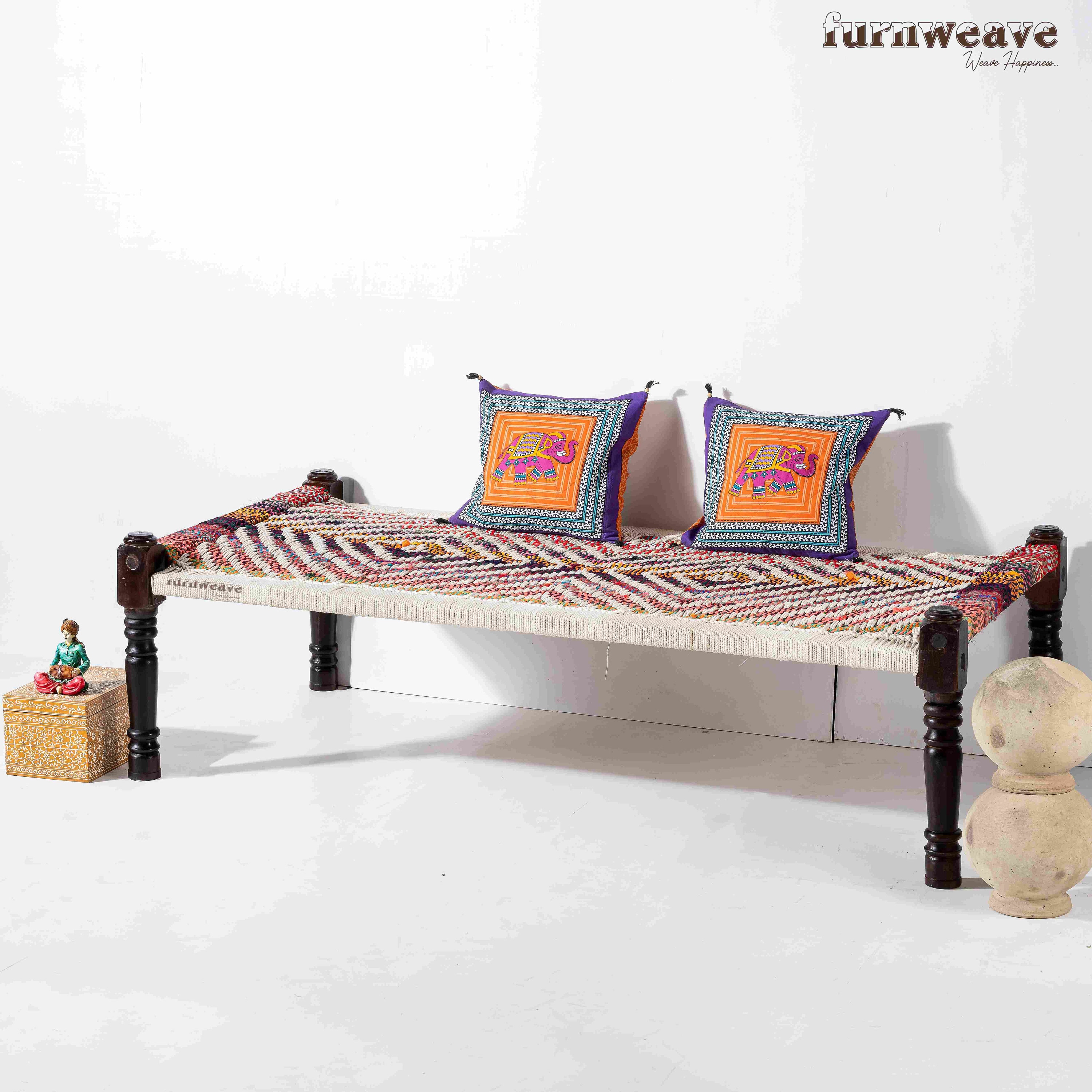 Furnweave Wooden Handwoven Charpai Bed Village Khatiya Single Cot 
