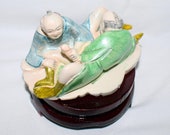 SHUNGA Gay Erotic Miniature Netsuke Figure with Wooden Stand Man Man Nude Statuette Sculpture Statue Japanese Motif Netuke with Stand