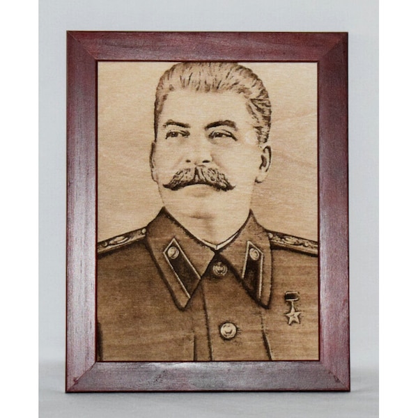 Pyrography Porträt Josef Stalin alte Foto Stil Wandbild Brandmalerei Holz Bild Wandbild auf Holz im Holzrahmen Holzbild Gravur