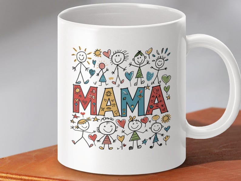 Mama Mug, Gift for Mom, Colorful Cartoon Design, 11oz/15oz White or