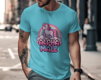 Camiseta gráfica de unicornio macho alfa: camisa irónica con arcoíris pastel