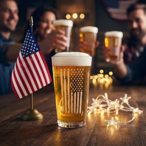 May include: A pint glass filled with beer, featuring an etched American flag design. A small American flag and string lights with star-shaped bulbs are on the wooden surface. People are seen in the background, raising glasses of beer.