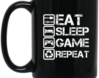 Eat - Sleep - Game - Repeat Ceramic Coffee Mugs, Gamer Drinkware for Caffeine Needed Gaming, Xbox/Nintendo Gaming