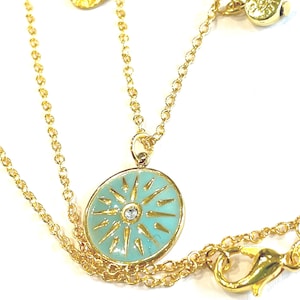Mediterranean Santorini Turquoise Greek Odyssey Gold Hammered Disc Evil Eye Multi Charm Necklace
