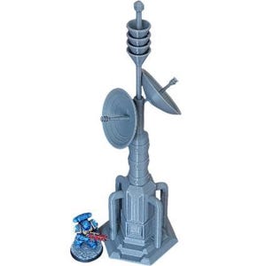 May include: A grey model communications tower featuring a satellite dish and antenna. A small, blue figurine is positioned at the base. The tower is a detailed, 3D-printed structure, possibly for tabletop gaming or model building.