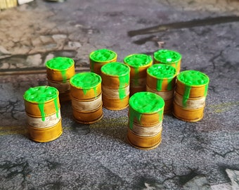 10 barriles de residuos tóxicos abiertos impresos en 3D de 28 mm/32 mm pintados para juegos de guerra de mesa