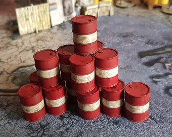 15 barriles de aceite Grimy pintados en 3D impresos a escala de 28-32 mm. Para juegos de guerra de mesa