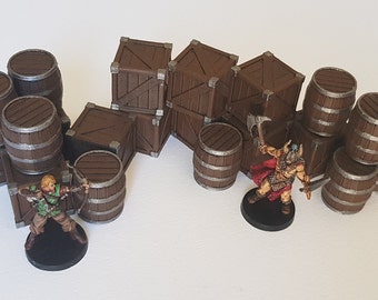 Conjunto de barriles y cajas de madera - 20 miniaturas. Terreno de mazmorra para juegos de guerra/RPG.