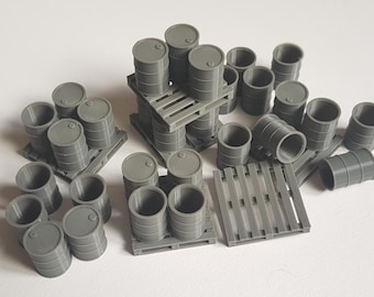 30 barriles de petróleo a escala de 28/32 mm para juegos de guerra, elementos de escenografía y 6 palets de madera.