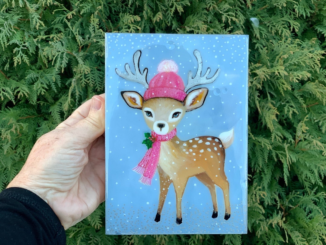 Wintery Reindeer Painting Hand Painted Original Art Deer With Hat and