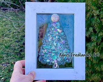 Iridescent Glass Christmas Tree – Crushed Glass & Resin – 7x9 Framed Holiday Décor