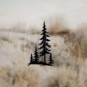 May include: Silhouette of three pine trees against a blurred background. The trees are black and the background is a light brown color.