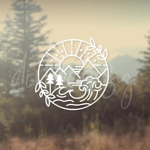 May include: A white line art illustration of a sun, mountains, trees, and waves in a circle. The design is on a blurred background of trees and mountains.