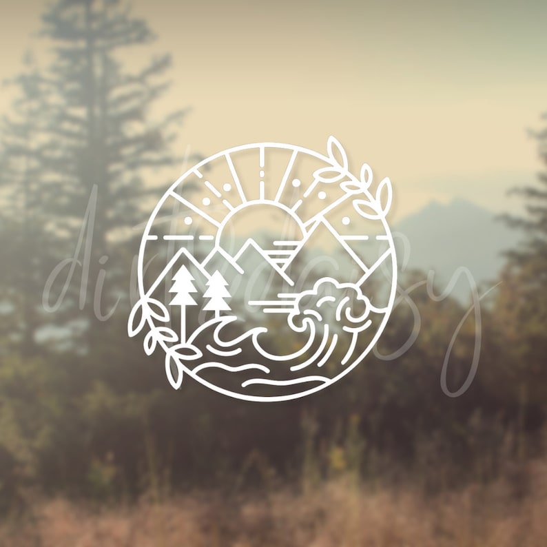 May include: A white line art illustration of a sun, mountains, trees, and waves in a circle. The design is on a blurred background of trees and mountains.