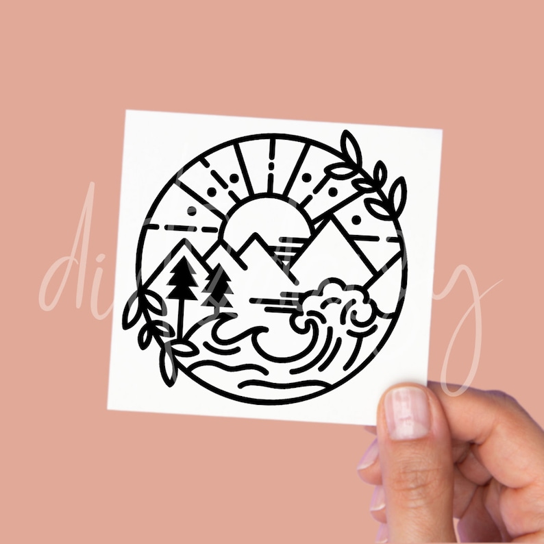 May include: Black and white line art illustration of a sun, mountains, trees, and waves in a circle. The design is reminiscent of a nature scene.