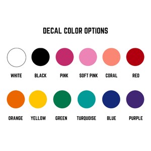 Pu&ograve; includere: Immagine che mostra una tabella colori con la scritta "DECAL COLOR OPTIONS". La tabella mostra una serie di cerchi colorati: bianco, nero, rosa, rosa chiaro, corallo, rosso, arancione, giallo, verde, turchese, blu e viola.