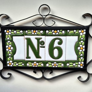 Hand-Painted Spanish Ceramic Numbers Tiles - Metal Filigree Frames - Mini-Green Floral Address Tiles 7.5 x 3.5 cm