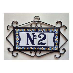 Hand-painted Spanish Ceramic Number and Letter Tiles - Mini Floral Blue 7.5 x 3.5 cm | Optional Filigree Frames