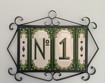 Hand-Painted Jacho Green Number Tiles Option of Metal Filigree Frames - 11 x 5.5 cm