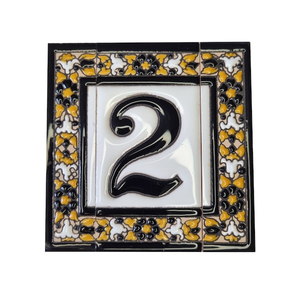 Hand-painted Floral Black Glazed Ceramic Spanish Letter Number Tiles - 11 x 5.5 cm