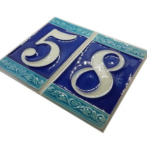 Hand-Painted Italian Ceramic Blue House Numbers - Glow in the Dark - 10 x 7 cm