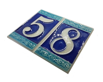 Hand-Painted Italian Ceramic Blue House Numbers - Glow in the Dark - 10 x 7 cm
