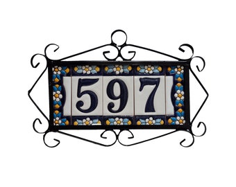 Mini-floral Blue 7.5 x 3.5cm Hand-painted Spanish Ceramic Numbers, Letters Tiles & Metal Filigree Frames