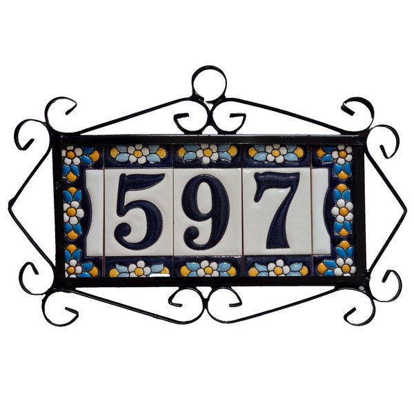 Hand-Painted Spanish Ceramic Numbers Letters and Frames - Mini Floral Blue 7.5 x 3.5 cm