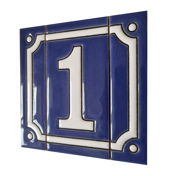 Hand-Painted Blue Number Tiles with Optional Metal Filigree Frames - 11 x 5.5 cm - French Style