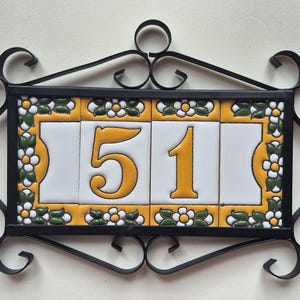 Hand-Painted Spanish Ceramic Number Tiles | Mini Yellow Floral Tiles 7.5 x 3.5 cm | Optional Metal Filigree Frames