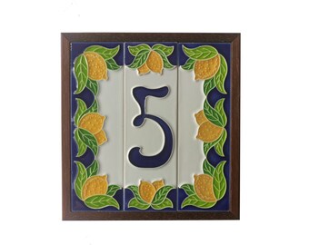 Hand-painted Italian Lemon Ceramic House Numbers with Blue Border 15x4.8 cm