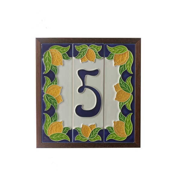 Hand-painted Italian Lemon Ceramic House Numbers with Blue Border 15x4.8 cm