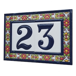 Azulejos de endereço com letras e números florais pintados à mão em estilo espanhol - 11 x 5,5 cm