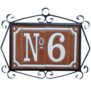 Hand-painted French Brown Number Tiles 11 x 5.5 cm and Metal Filigree Frames