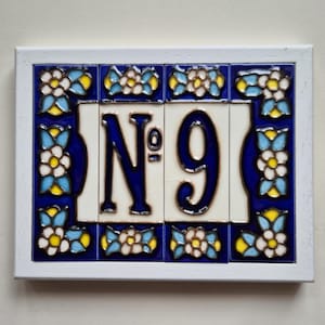Hand-painted Spanish Ceramic Number and Letter Tiles - Floral Blue 10 x 3.3 cm | Optional Filigree Frames
