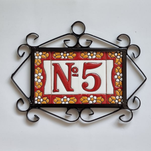 7.5cm x 3.5cm Mini Hand-painted Spanish Ceramic Red Floral Numbers Tiles & Metal Filigree Frames