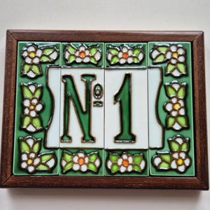 Hand-painted Spanish Ceramic Number and Letter Tiles - Floral Green 10 x 3.3 cm | Optional Filigree Frames